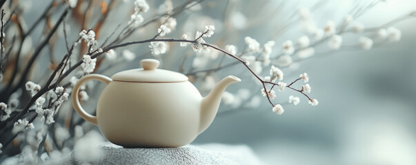 Serene Teapot on Blossoming Branch at Sunrise