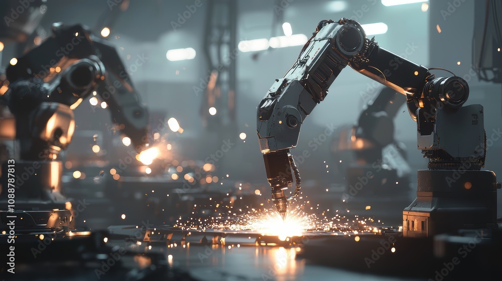 Poster futuristic industrial robots working in a high-tech factory, sparks flying in the air, advanced auto