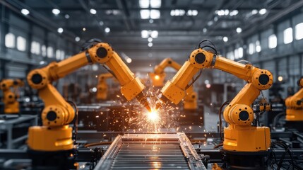 Advanced Manufacturing Process with Robotic Arms Welding in a High-Tech Factory Environment Featuring Sparks and Industrial Machinery