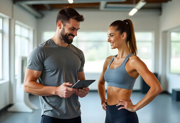 Personal trainer standing with an ipad while talking to a female client 