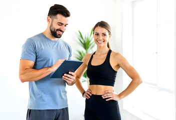 Personal trainer standing with an ipad while talking to a female client