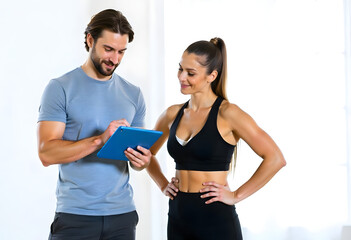 Personal trainer standing with an ipad while talking to a female client 
