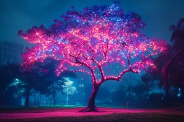 A tree adorned with glowing neon branches  merging nature with modern technology in photography