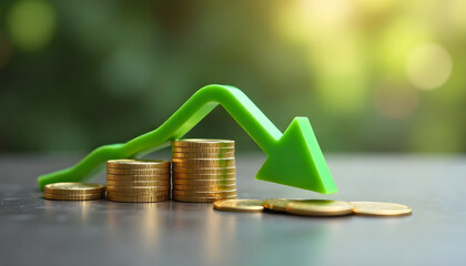 Photo of many coins with a green arrow symbolizing economic slowdown and recession