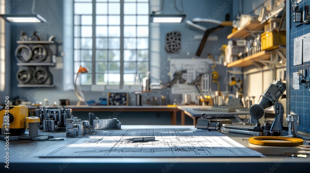 Poster industrial workshop with tools and blueprints on workbench surrounded by equipment and machinery for