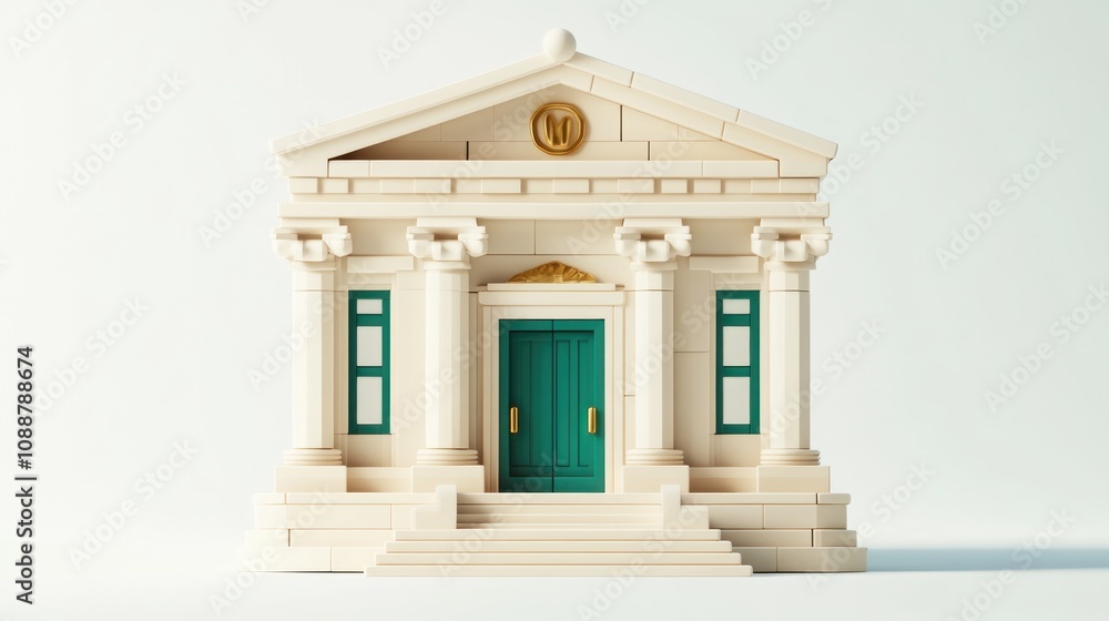 Poster A stylized architectural model of a classical building with columns and a green door.