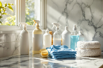 Cleaners, sprays, and cloths are organized on a marble surface, illuminated by sunlight filtering through a window