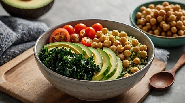 A colorful quinoa bowl with chickpeas, kale, cucumber, tomato, avocado, and a creamy dressing.