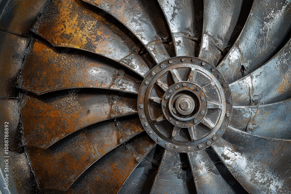Poster detailed close-up of an industrial fan blade with rusty metal texture and circular hub showing wear 
