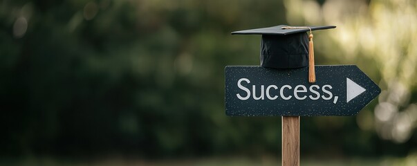 Graduation cap marks the path to success a symbolic road sign journey outdoor setting motivational concept