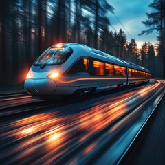 Fototapeta premium A sleek train speeds through a forested area at dusk, illuminated by soft lights.