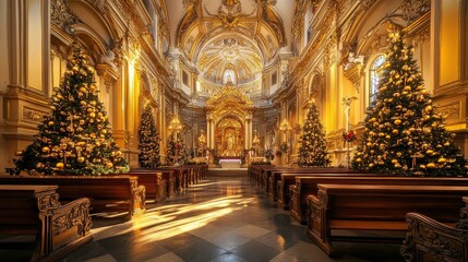 Obraz premium A church with gold decorations and a large number of Christmas trees