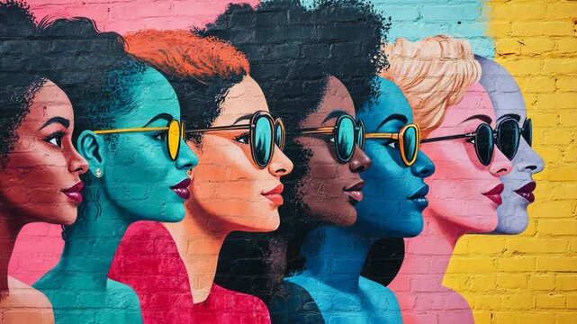 A colorful street mural showcases six women with various hairstyles and skin tones