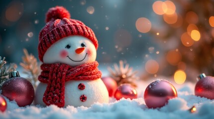 Fototapeta premium Cheerful Snowman Amidst Festive Ornaments