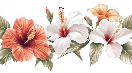 Retro Tropical Floral Pattern with Hibiscus and Frangipani in Subdued Colors and Warm Tones