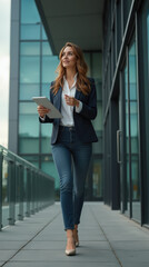 Obraz premium Female Executive Leaves Corporate Building With Tablet in Hand