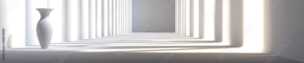 Poster a minimalist interior with a white vase, illuminated by soft light through columns.