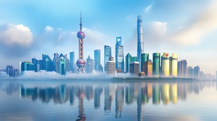Fototapeta premium Shanghai Skyline with Fog and Reflections