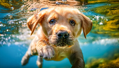 A sad cute Labrador puppy swimming beneath the surface underwater in a river on a sunny day