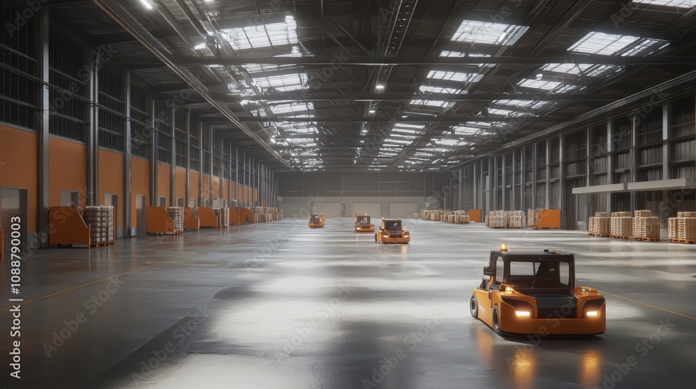 Poster modern warehouse with automated forklifts in operation, emphasizing efficiency and productivity in a