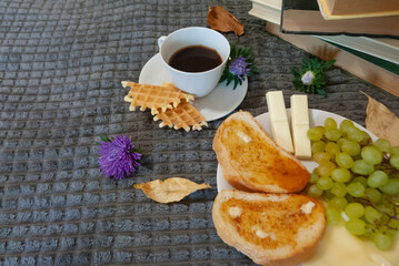 breakfast in bed on grey background