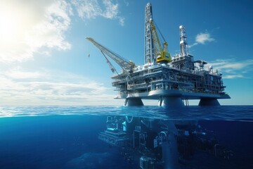 An offshore oil rig above and below the water's surface, showcasing industrial technology.