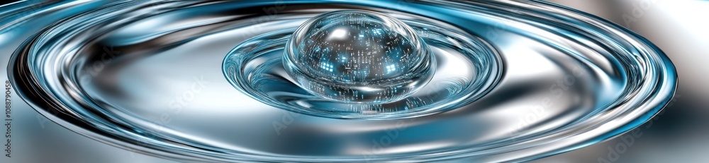 Poster a close-up of a water droplet creating ripples in a fluid surface.