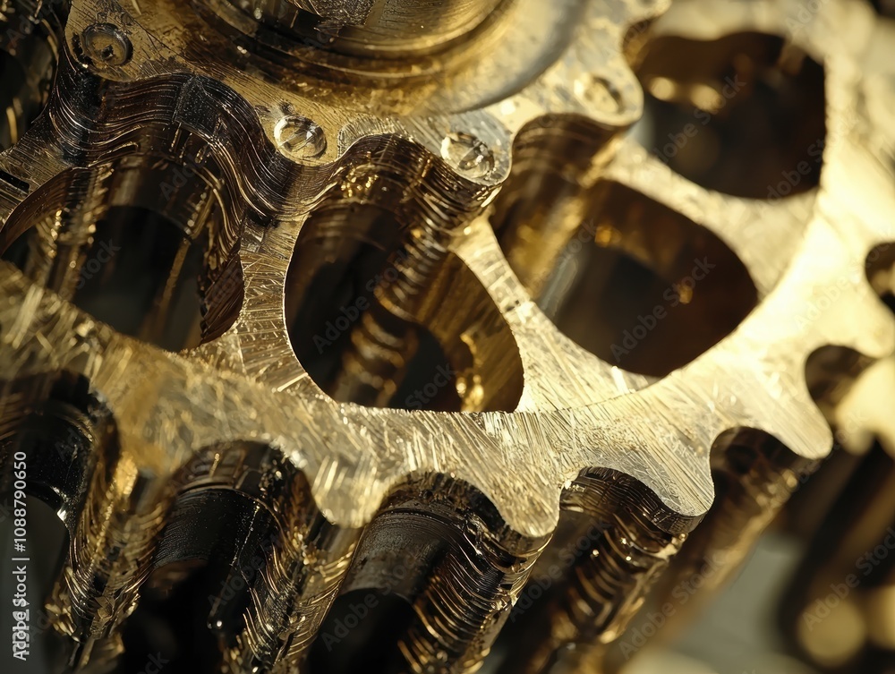 Poster close-up view of intricate metallic gear wheel with fine textures and detailed machining patterns re