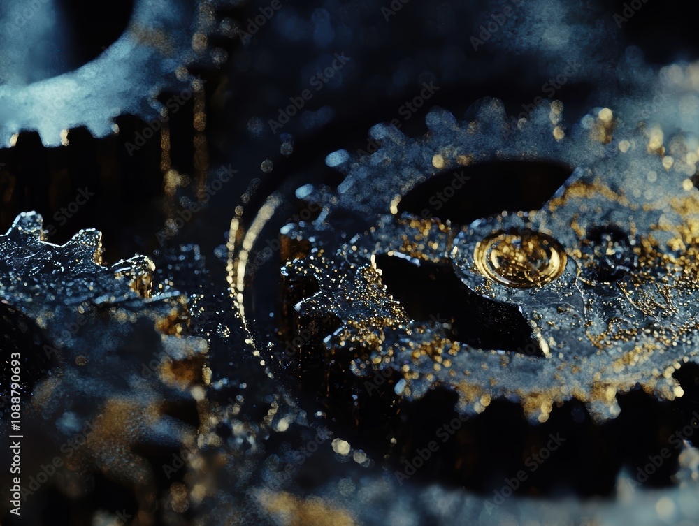 Poster close-up view of intricate metallic gears in a complex mechanism highlighting the textures and detai