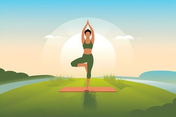 Sunrise Yoga: Fit Woman Practicing Tree Pose or Warrior Pose on Grassy Hilltop
