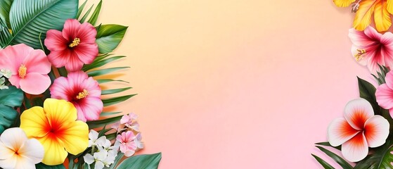 Fototapeta premium Vibrant Tropical Flowers Within Geometric Pastel Frame Minimal Botanical Arrangement