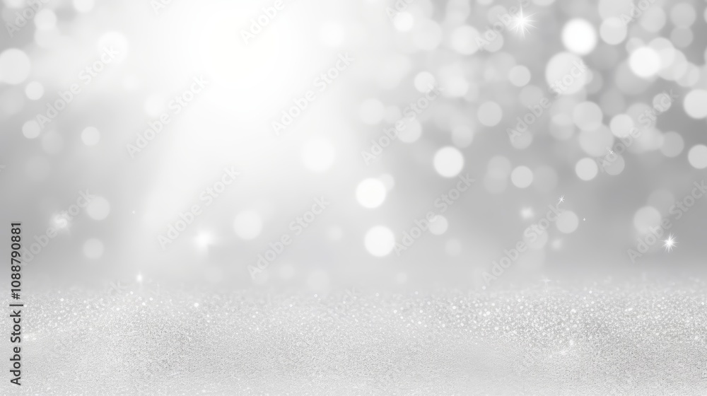 Poster abstract silver and white background with glitzy sparkles and bokeh lights for elegant and modern de