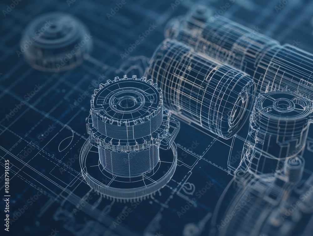 Poster detailed technical illustration of industrial machinery components on blueprint background showcasin