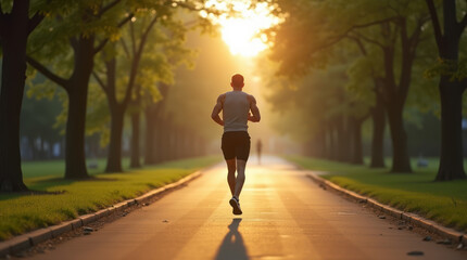Obraz premium Fit Man Jogging Through a Green Urban Park in Early Morning Light