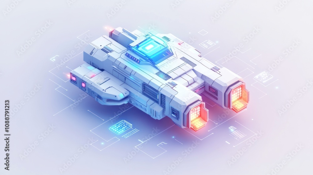 Poster A futuristic spaceship design with glowing elements and digital interfaces.