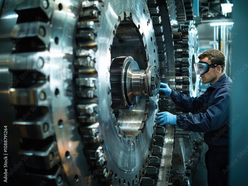 Poster professional engineer inspecting large industrial machinery gear system in modern factory environmen