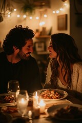 A romantic dinner at home with a couple sharing a meal by candlelight, sitting close together at a beautifully set table,