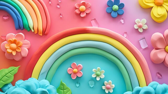 A rainbow and flowers made out of play-doh on a pink and blue background.