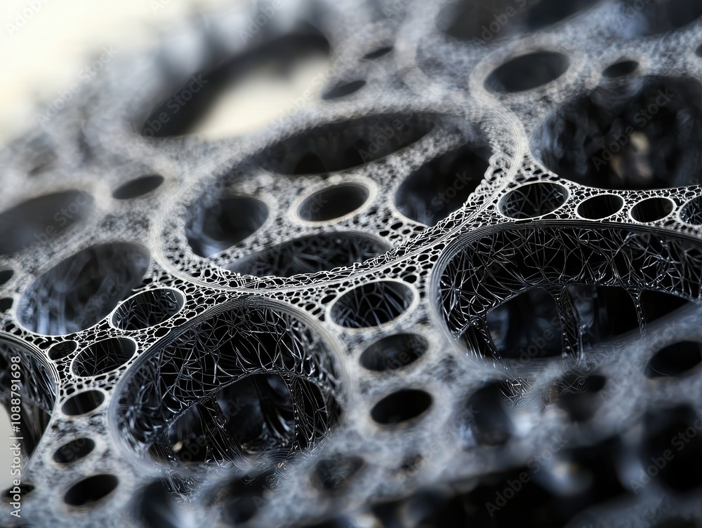 Poster intricate patterns of black foam material showing unique bubble structure and texture for artistic a