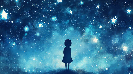 Child Gazing at Stars in a Dreamy Night Sky