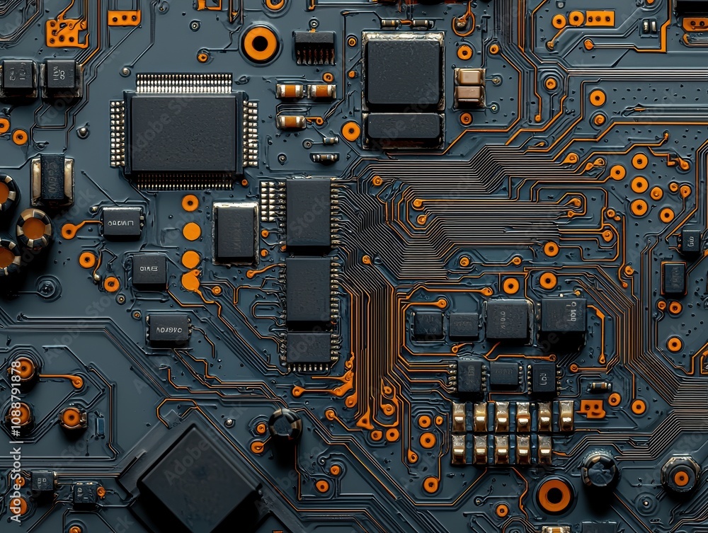 Poster close-up view of intricate circuit board with colorful components, microchips, and complex connectio
