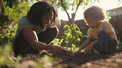 A young family planting a small tree together in their backyard, representing sustainability