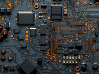Fototapeta premium Close-Up View of Intricate Circuit Board with Colorful Components, Microchips, and Complex Connections Highlighting Modern Technology and Innovation
