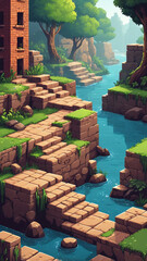 Pixel game level design. Platform game asset, fantasy 8 bit environment. Building with stone steps