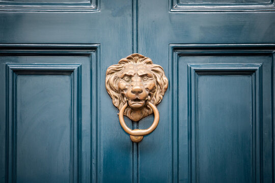Lion's head as door knocker on old wooden door