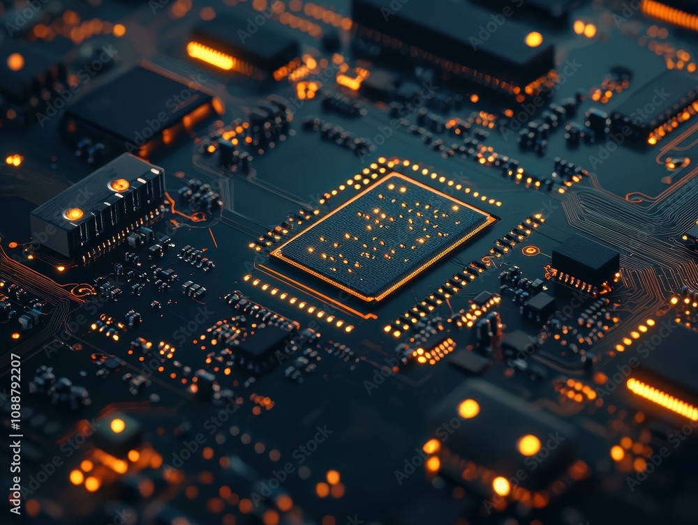 Poster close-up view of a futuristic circuit board with illuminated components, microchip, and digital conn