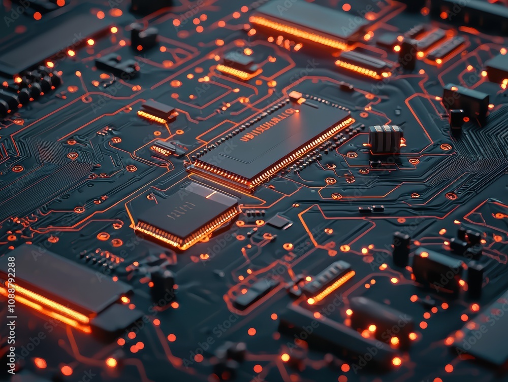 Poster intricate close-up of a dark circuit board with glowing orange components, illustrating complex tech