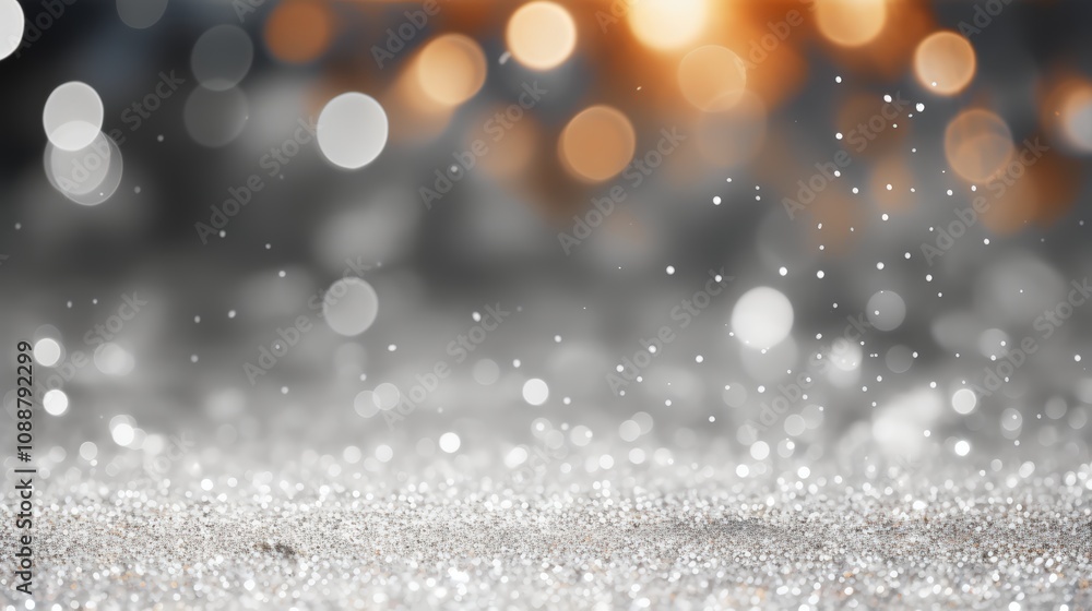Poster sparkling silver glitter background with soft bokeh effect and subtle orange highlights ideal for el