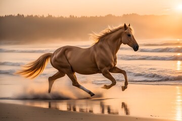 Golden horse running along a misty morning beach, AI Generated