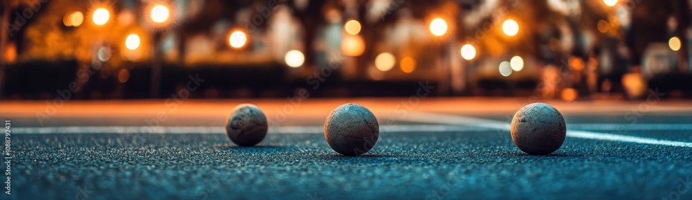 Poster Three spherical objects on a surface with ambient lighting in the background.